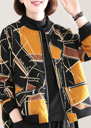 Yellow Print Fine Cotton Filled Womens Parka Stand Collar Zip Up Winter