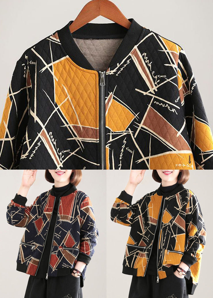 Yellow Print Fine Cotton Filled Womens Parka Stand Collar Zip Up Winter