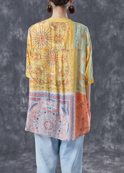 Yellow Print Linen Shirt Top V Neck Rivet Summer