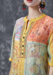 Yellow Print Linen Shirt Top V Neck Rivet Summer