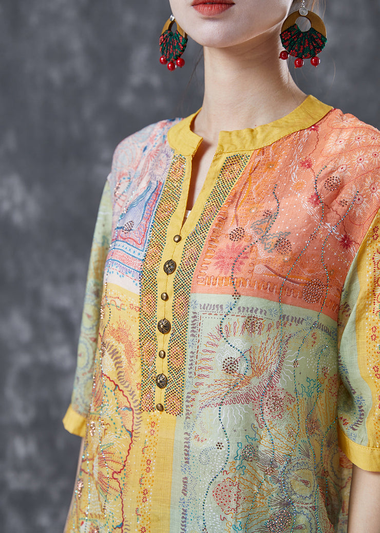 Yellow Print Linen Shirt Top V Neck Rivet Summer