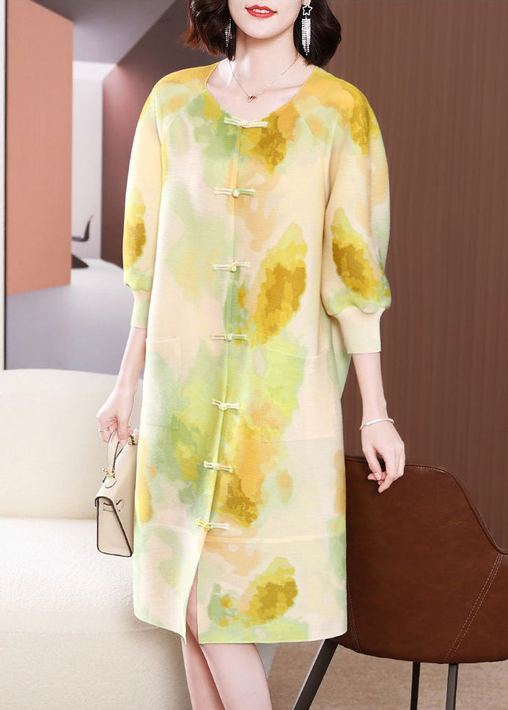 Yellow Print Long Dresses Chinese Button Side Open Summer