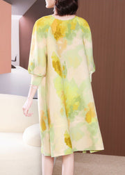 Yellow Print Long Dresses Chinese Button Side Open Summer