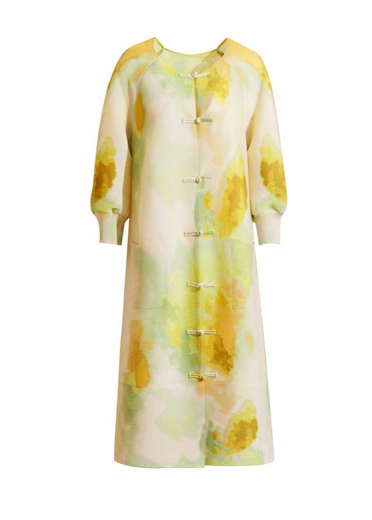 Yellow Print Long Dresses Chinese Button Side Open Summer