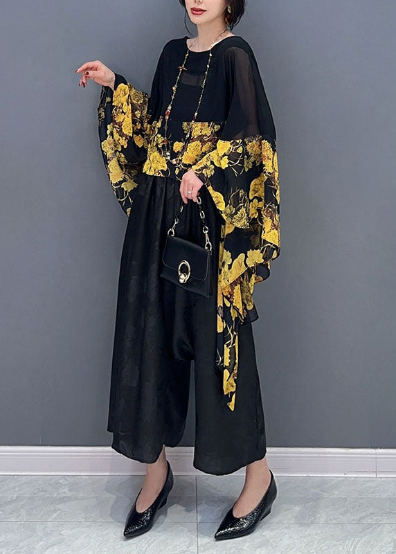 Yellow Print Patchwork Chiffon Top Asymmetrical Batwing Sleeve