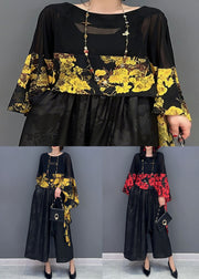 Yellow Print Patchwork Chiffon Top Asymmetrical Batwing Sleeve