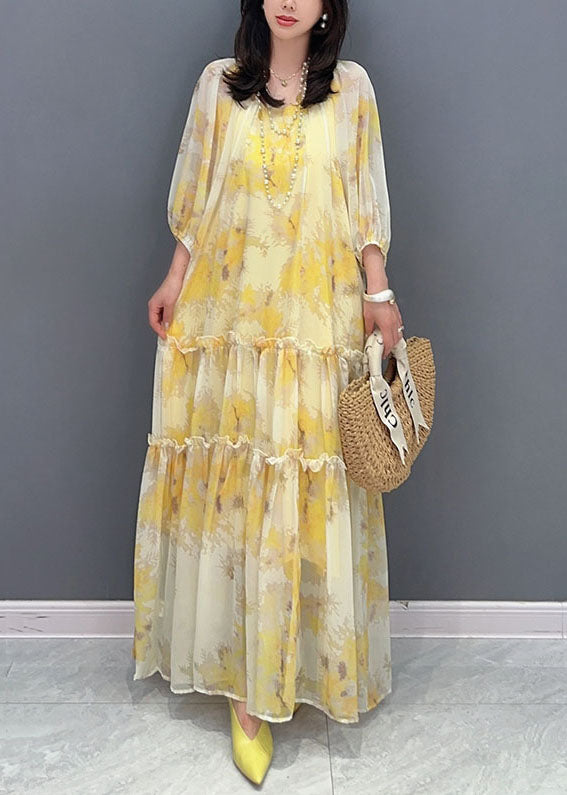 Yellow Print Patchwork Cotton Long Dresses Wrinkled Summer