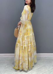 Yellow Print Patchwork Cotton Long Dresses Wrinkled Summer