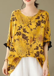 Yellow Print Patchwork Cotton Loose Tops O Neck Summer