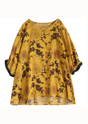 Yellow Print Patchwork Cotton Loose Tops O Neck Summer