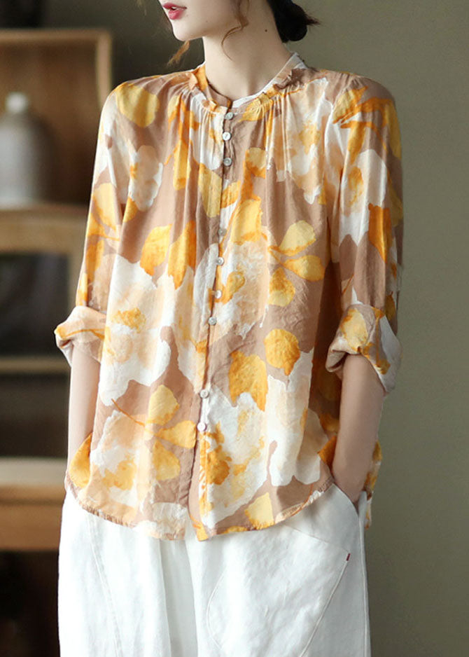 Yellow Print Patchwork Cotton Shirt Tops Wrinkled Long Sleeve