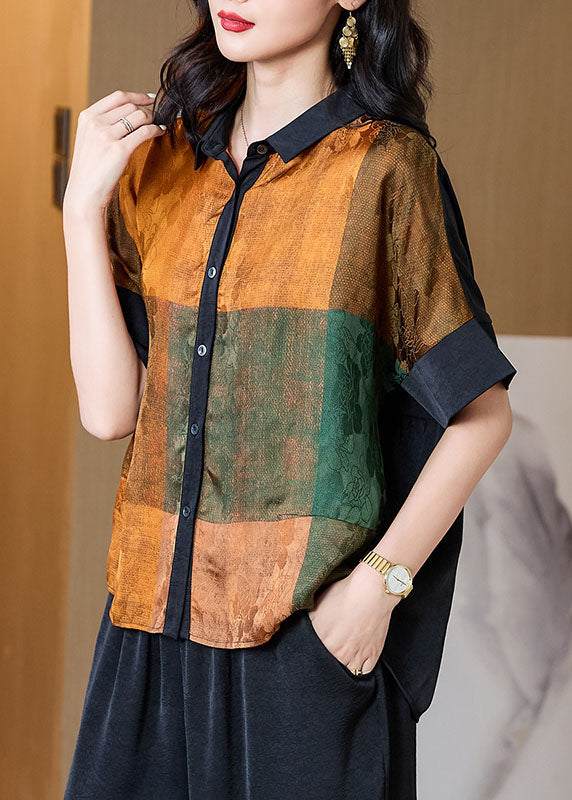 Yellow Print Patchwork Silk Blouses Peter Pan Collar Summer