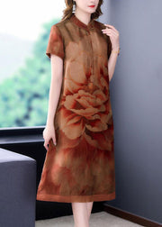 Yellow Print Patchwork Silk Dresses Stand Collar Summer