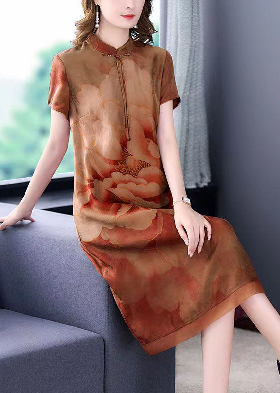 Yellow Print Patchwork Silk Dresses Stand Collar Summer