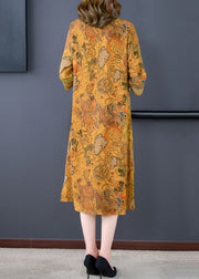 Yellow Print Patchwork Silk Mid Dresses Tasseled V Neck Summer