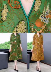 Yellow Print Patchwork Silk Mid Dresses Tasseled V Neck Summer