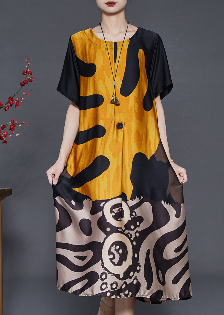 Yellow Print Silk Robe Dresses Oversized Summer