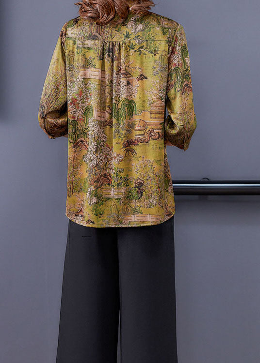 Yellow Print Silk Shirts Tops Stand Collar Button Summer