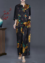 Yellow Print Silk Two Pieces Set Oversized Fall