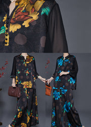 Yellow Print Silk Two Pieces Set Oversized Fall