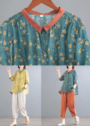 Yellow Print Tops And Beige Pants Linen Women Sets Summer