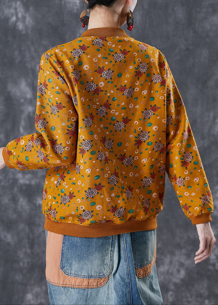 Yellow Print Warm Fleece Jacket Oversized Pockets Winter