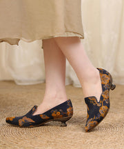 Yellow Silk High Heels Retro Print Pointed Toe Splicing