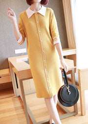 Yellow Slim Fit Knit Mid Dress Turn-down Collar Half Sleeve