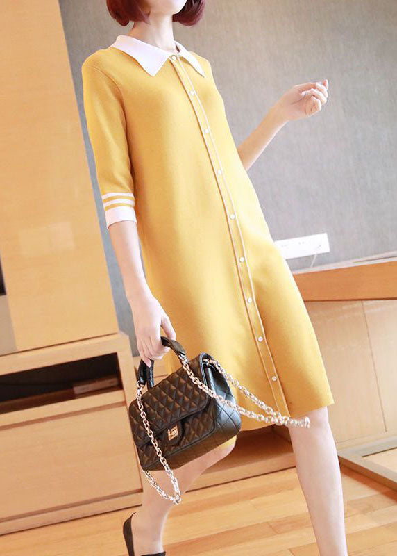 Yellow Slim Fit Knit Mid Dress Turn-down Collar Half Sleeve