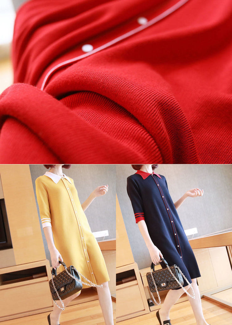 Yellow Slim Fit Knit Mid Dress Turn-down Collar Half Sleeve