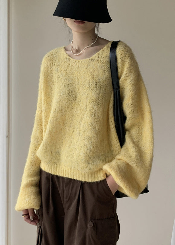 Yellow Solid Cotton Knit Pullover Sweater V Neck Winter