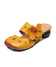 Yellow Splicing Floral Cowhide Leather Chunky Slide Sandals