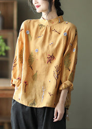 Yellow Stand Collar Button Linen Top Spring