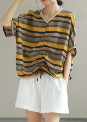 Yellow Striped Patchwork Cotton T Shirt Top V Neck Summer