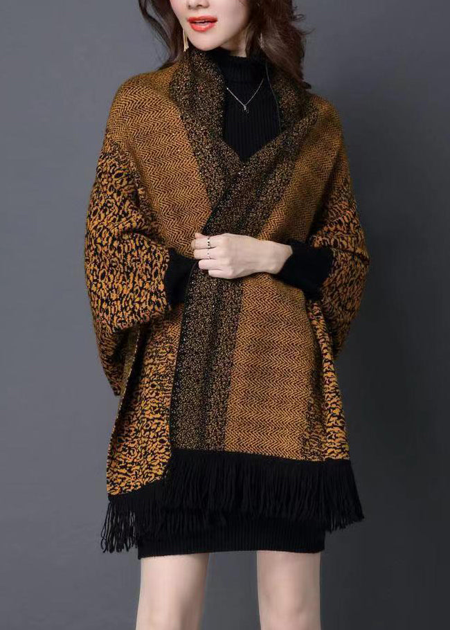 Yellow Tasseled Print Patchwork Knit Cardigan V Neck Long Sleeve