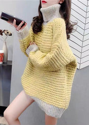 Yellow Thick Patchwork Cozy Knit Sweaters Hign Neck Spring