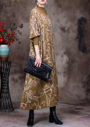 Yellow Turtleneck Print Knit Maxi Dress Batwing Sleeve