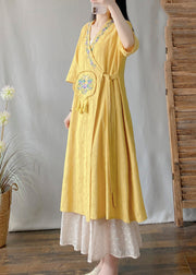 Yellow V Neck Tie Waist Maxi Cardigan Short Sleeve