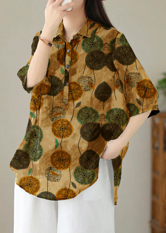 Italian Yellow-dandelion Peter Pan Collar Print Patchwork Cotton Blouses Summer