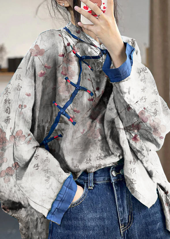 Loose Blue Button Print Patchwork Cotton Shirts Long Sleeve