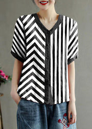 Loose Black strips V Neck Embroidered Floral Summer Linen Shirt