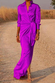 Color texture Satin Wrap Shirt Maxi Dress