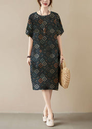 Classy Green-texture Print O-Neck Pockets Summer Maxi Dresses Half Sleeve