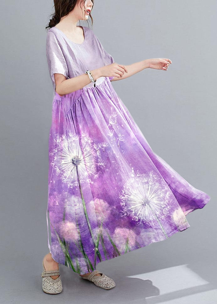 Natural Purple Pockets Short Sleeve Robe Cotton Linen Dresses