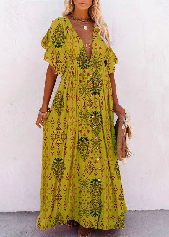 Yellow V Neck Button Maxi Dresses Short Sleeve