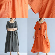 baggy orange-flower long linen dresses oversized layered cotton maxi dress vintage short sleeve cotton clothing