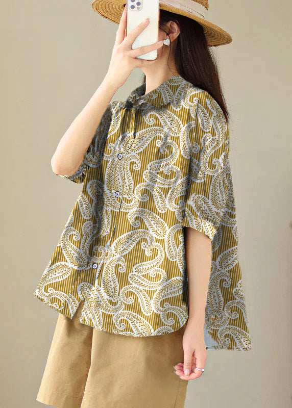 Plus Size Yellow stripes Peter Pan Collar Print Cotton Shirt Tops Summer