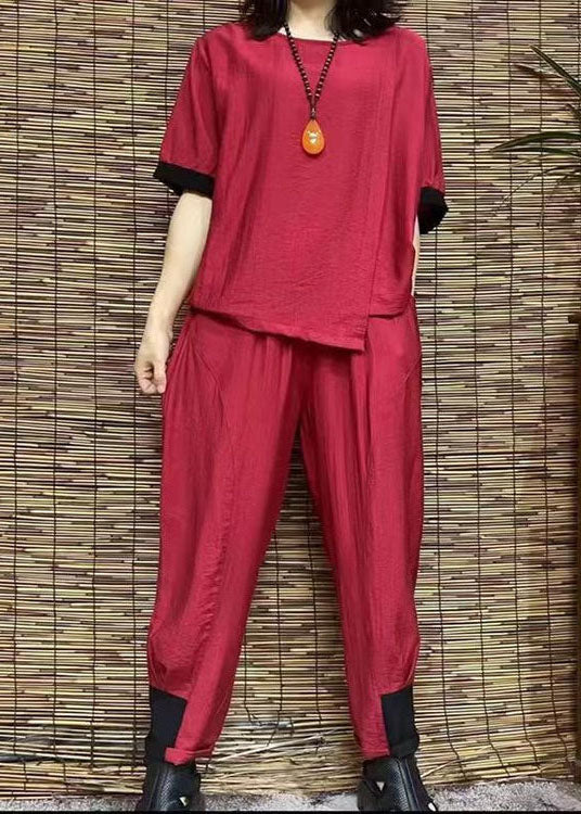 black cotton linen two pieces o neck Cinched hem tops and women harem pants