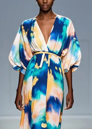 bobo Blue Tie Dye Chiffon Dress V Neck Lantern Sleeve