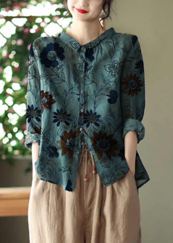 Retro Peacock Green Peter Pan Collar Print Button Wrinkled Shirts Long Sleeve